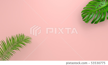 Realistic palm leaves on Coral Living background for cosmetic ad or fashion illustration. Tropical Realistic palm leaves on Coral Living background for cosmetic ad or fashion illustration. Tropical 53530775