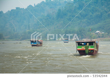 View to Laos boats transportation by Mekong River, View to Laos boats transportation by Mekong River, 53542044
