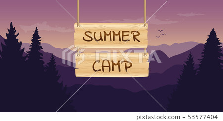 summer camp wooden sign at purple mountain nature landscape 53577404