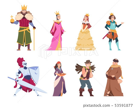 Medieval characters. Flat historical people, king queen prince and princess royal set. Vector 53591877