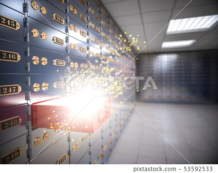 Glowing cell in safe deposit box room. Banking 53592533