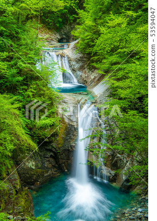 新鮮的綠色西澤谷七瀑布五步瀑布 新鮮的綠色西澤谷七瀑布五步瀑布 53594047