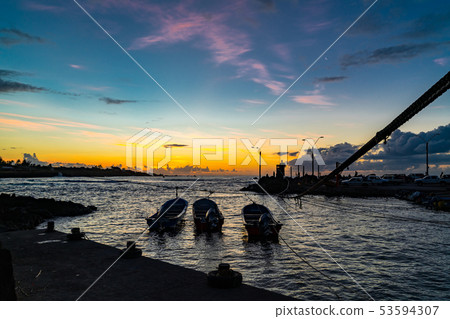 Silhouette of fisherman port of Hanga Roa Village Silhouette of fisherman port of Hanga Roa Village 53594307