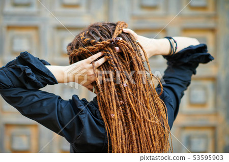 Backside Dreadlocks Head Closeup Fashionable Girl Stock Photo