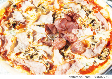 pizza with pepperoni, salami, pepper, cheese, pizza with pepperoni, salami, pepper, cheese, 53602759