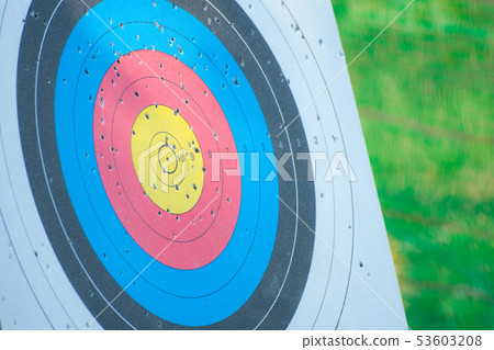 Closed up of archery shooting target with pole on 53603208