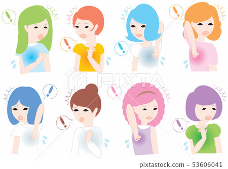 Women surprised by sweat on their backs Women surprised by sweat on their backs 53606041
