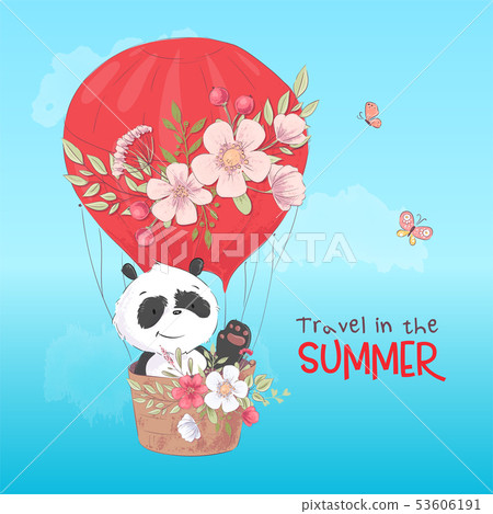 Postcard poster of a cute panda in a balloon with flowers in cartoon style. Hand drawing. Postcard poster of a cute panda in a balloon with flowers in cartoon style. Hand drawing. 53606191