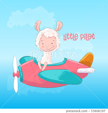 Postcard poster cute llama on the plane in cartoon style. Hand drawing. Postcard poster cute llama on the plane in cartoon style. Hand drawing. 53606197