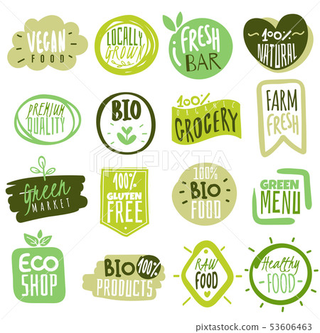 Organic food labels. Natural healthy meal fresh diet products logo stickers. Ecology farm eco food 53606463