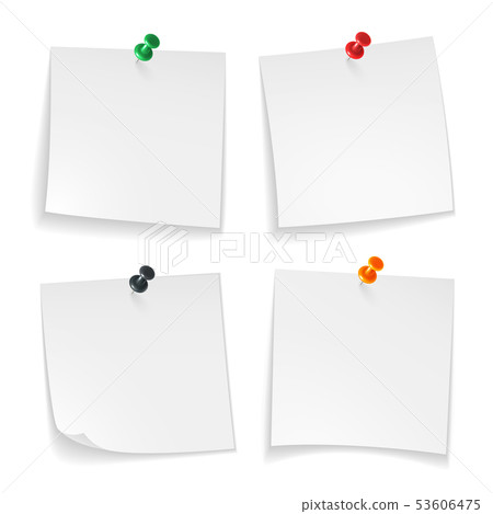 Pin notes. White note papers curled corner with pinned colored push button office board announcement Pin notes. White note papers curled corner with pinned colored push button office board announcement 53606475