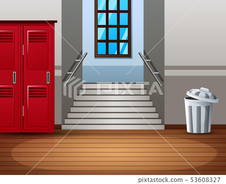 Bright college interior of hallway with red locker Bright college interior of hallway with red locker 53608327