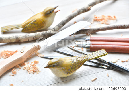 Bird carving. Wild bird wood sculpture, wild bird sculpture. Colored is a warbler. *This is a work in progress by an amateur. 53608600