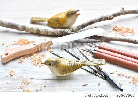 Bird carving. Wild bird wood sculpture, wild bird sculpture. Colored is a warbler. *This is a work in progress by an amateur. 53608603