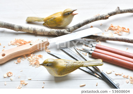 Bird carving. Wild bird wood sculpture, wild bird sculpture. Colored is a warbler. *This is a work in progress by an amateur. Bird carving. Wild bird wood sculpture, wild bird sculpture. Colored is a warbler. *This is a work in progress by an amateur. 53608604