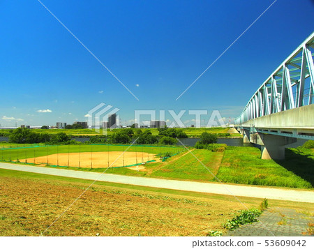 鐵橋和仲夏的江戶河河床風景 53609042