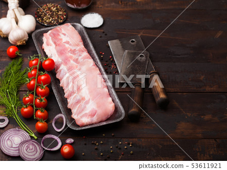 Plastic tray with raw pork ribs Plastic tray with raw pork ribs 53611921
