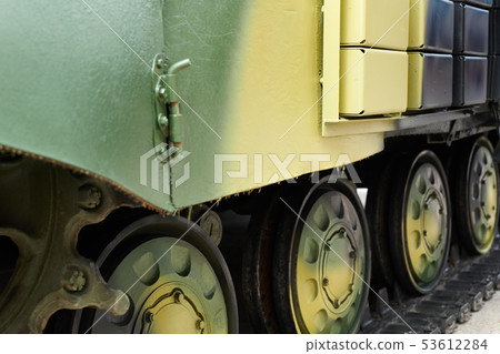 the chassis of a military tank close view 53612284