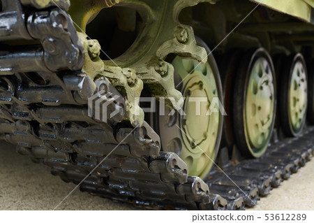 the chassis of a military tank close view 53612289