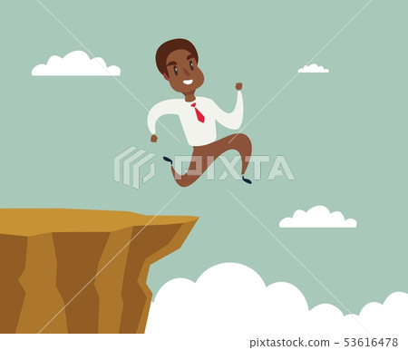 black african american businessman running and jump over cliff gap to success, overcome the 53616478