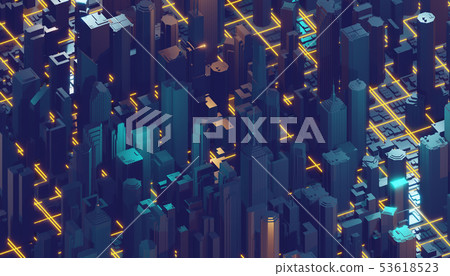 Digital abstract city made of glowing line... - Stock Illustration ...