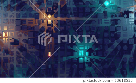 Abstract glowing digital city. Business skyscrapers. 3D Rendering Abstract glowing digital city. Business skyscrapers. 3D Rendering 53618533