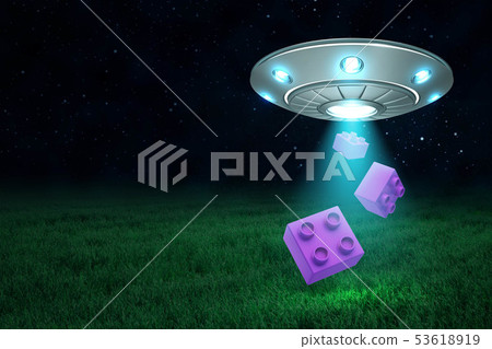 3d rendering of silver metal UFO with violet lego pieces on dark night sky and green grass 3d rendering of silver metal UFO with violet lego pieces on dark night sky and green grass 53618919