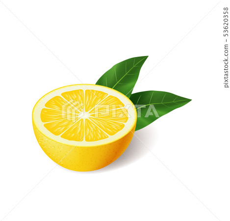 Realistic bright yellow lemon with green leaf half sliced vector 53620358