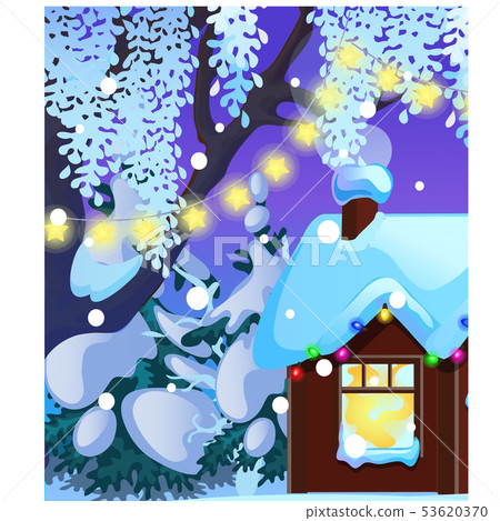 Poster with cozy rustic small hunting lodge with glowing window and Christmas decorations, glowing Poster with cozy rustic small hunting lodge with glowing window and Christmas decorations, glowing 53620370