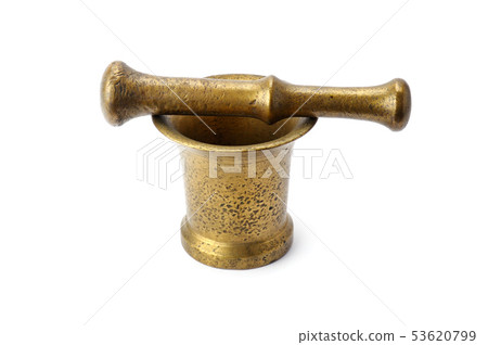 Metal mortar and pestle isolated on white. 53620799