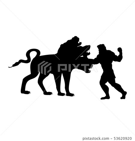 Heracles fights Cerberus dog silhouette ancient mythology fantasy 53620920