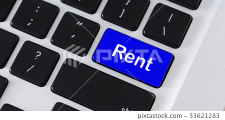 Text Rent on blue computer keypad button 53621283