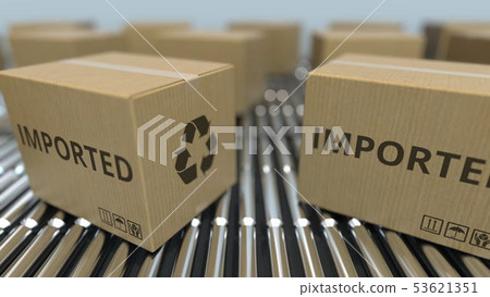 Carton boxes with IMPORTED text move on roller conveyor. 3D rendering 53621351