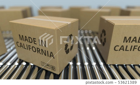 Cartons with MADE IN CALIFORNIA text on roller conveyor. goods related 3D rendering Cartons with MADE IN CALIFORNIA text on roller conveyor. goods related 3D rendering 53621389