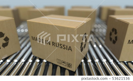 Boxes with MADE IN RUSSIA text on roller conveyor. Russian goods related 3D rendering Boxes with MADE IN RUSSIA text on roller conveyor. Russian goods related 3D rendering 53621536