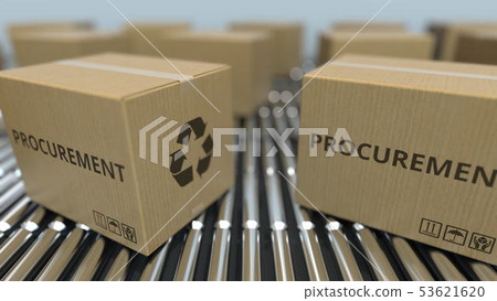 Carton boxes with PROCUREMENT text move on roller conveyor. 3D rendering Carton boxes with PROCUREMENT text move on roller conveyor. 3D rendering 53621620