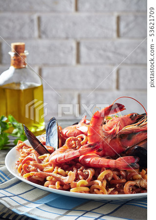 Spanish Fideua, a noodle Paella with prawns 53621709