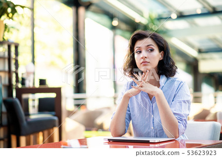 Contemplated young woman in cafe with laptop Contemplated young woman in cafe with laptop 53623923