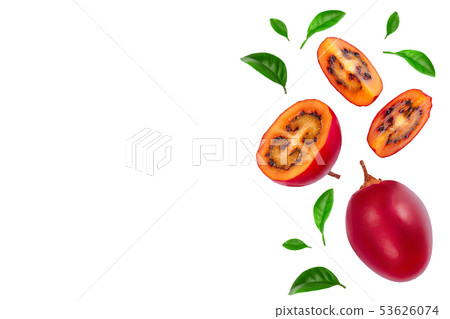 Fresh tamarillo fruit with leaves isolated on white background with copy space for your text. Top Fresh tamarillo fruit with leaves isolated on white background with copy space for your text. Top 53626074