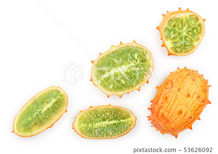 Kiwano or horned melon isolated on white background with copy space for your text. Top view. Flat Kiwano or horned melon isolated on white background with copy space for your text. Top view. Flat 53626092