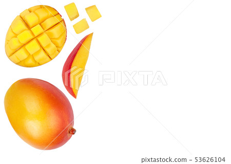 Mango fruit and half with slices isolated on white background with copy space for your text. Top 53626104