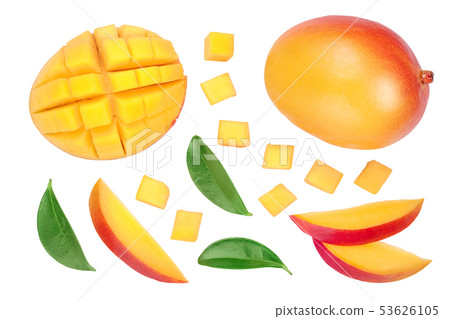 Mango fruit half with slices isolated on white background. Set or collection. Top view. Flat lay 53626105
