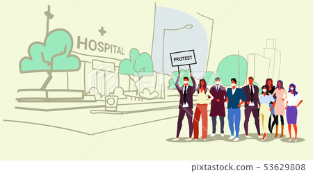 businesspeople group holding protest placard signboard people crowd standing together demonstration 53629808