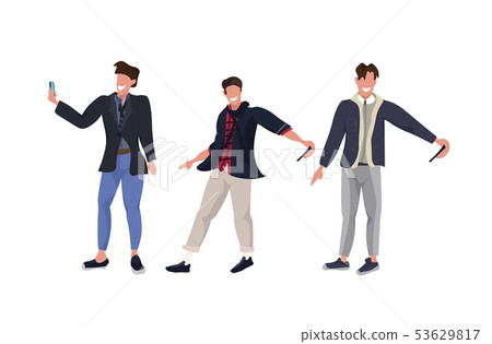 businessmen taking selfie photo on smartphone camera casual male cartoon characters standing businessmen taking selfie photo on smartphone camera casual male cartoon characters standing 53629817