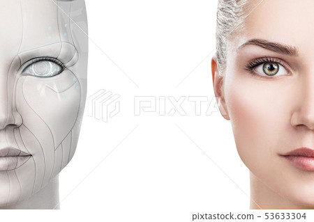 Cyborg woman with machine part of her face. 53633304