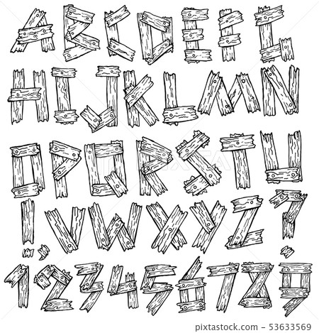 Sketch old wooden font. Handdrawn wood type letters and numbers. Vector illustration. Sketch old wooden font. Handdrawn wood type letters and numbers. Vector illustration. 53633569