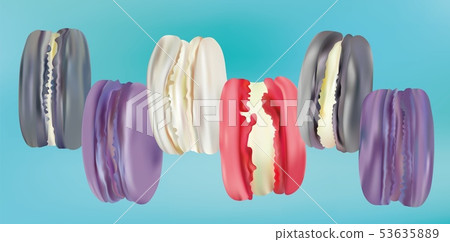 Colorful macaroon in motion isolated on blue background. Differend sweet french macaroons close up 53635889