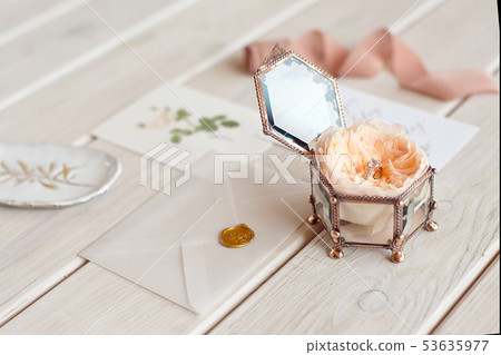 Wedding decor vintage glass square casket stand with peony rose inside and wedding ring invitation 53635977