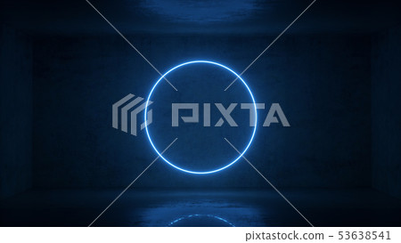 3d render of neon circle frame on background in the room. Banner design. Retrowave, synthwave 53638541