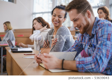 Multinational group of students in an auditorium Multinational group of students in an auditorium 53639043